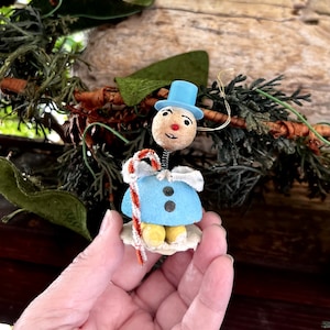 Vintage Blue Bobble Snowman Christmas Ornament MCM 1950 1960 Shiny Brite Spun Cotton Snowman  Candy Cane Pipe Cleaner Retro Kitsch Decor