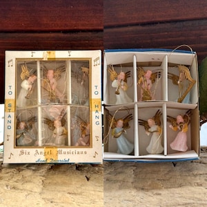Vintage Angel Musical Christmas Ornament British Hong Kong 1960 1970 Retro Orig Box Mini 2” Set 6 Valentine Easter Decor