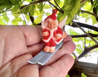 Vintage West Germany Santa Angel Christmas Ornament MCM 1940 1950 Plastic Santa Skier Angel Feather Tree Skiing Santa Retro Kitsch RARE NOS