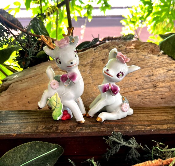 Vintage Pink Reindeer Christmas Figurine NORITAKE Boy Girl MCM