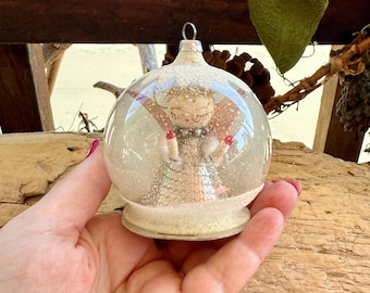 Vintage West Germany Angel Glass Diorama Christmas Ornament MCM 1950 1960 Mica Glitter Glass Snow Globe Silver Metallic  Kitsch Easter Decor