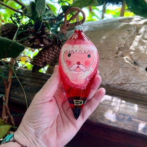 Vintage Glass COMMODORE Santa Christmas Ornament 5 1/2” Hand Painted Glass Santa Mouth Blown Glass Romania Retro Kitsch Decor