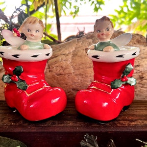 Vintage LEFTON Angel Stocking Christmas Candleholder MCM 1950 1960 Girl Boy Santa Boot Candle Holder Japan Retro Kitsch Decor Set 2 IOB