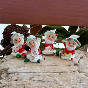 Vintage NAPCO Santa Gnome Figurine  1960 1970 Napcoware Gnome Spaghetti Trim Train Candy Cane Teddy Bear Ice Skate Retro Kitsch Decor Set 4