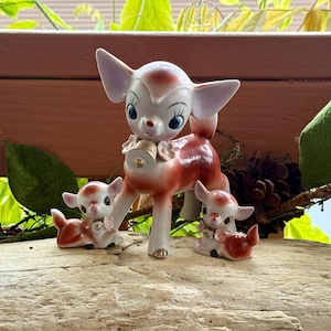 eBay Vintage Anthropomorphic Deer Christmas Ceramic Retro Kitsch Pink Deer Bell Figurine MCM 1940 1950 Mama Mother Babies Japan Set 3