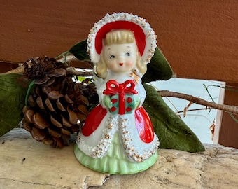 Campana navideña vintage LEFTON Victorian Angel de 1950, estilo MCM, con ribete de espagueti, regalo, campana de cerámica japonesa, decoración retro kitsch.