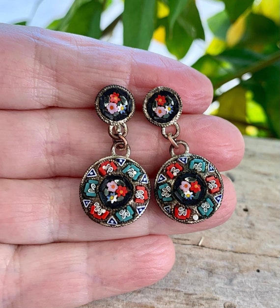 Vintage Micro Mosaic Rose Earrings Mosaic Floral … - image 1