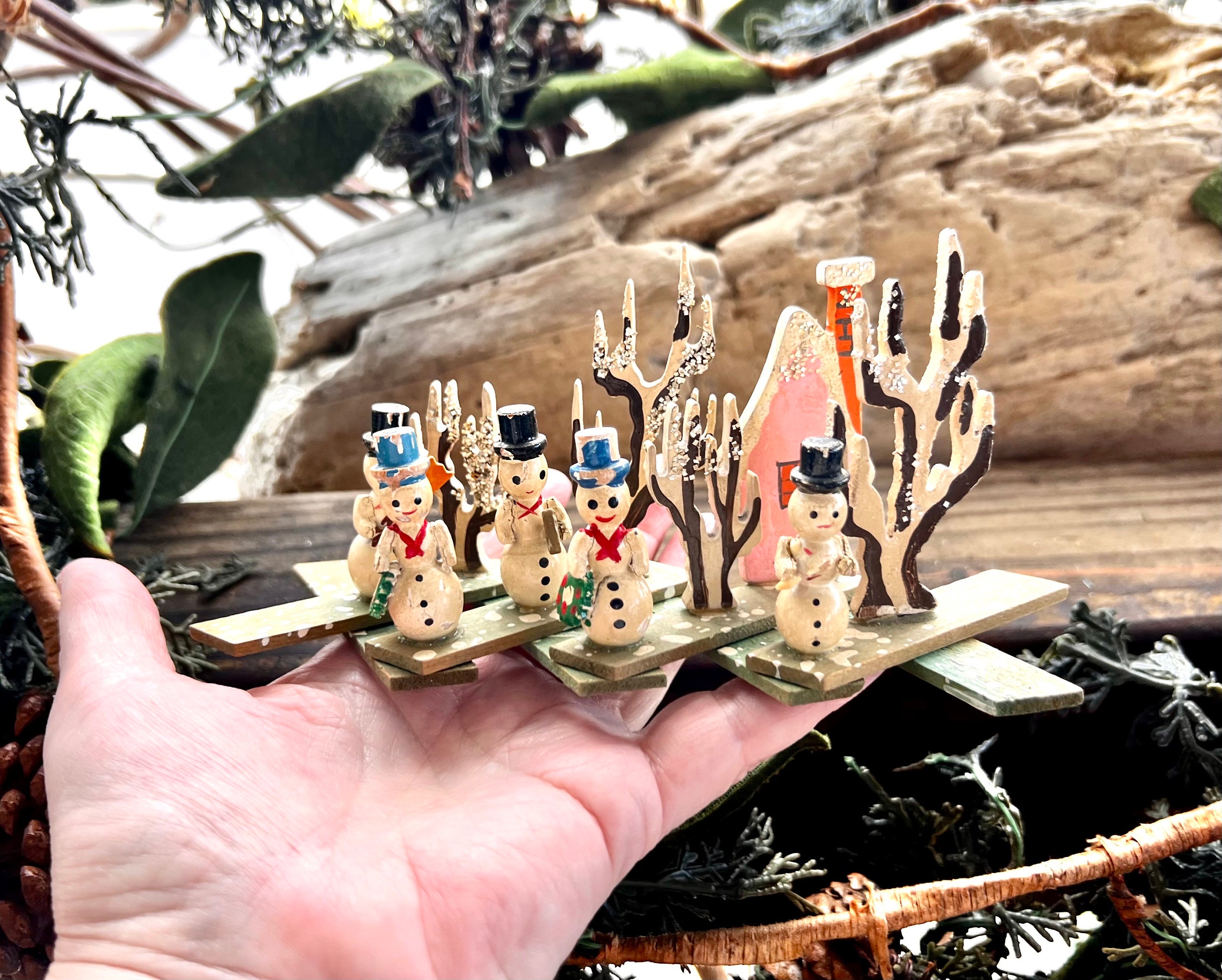 Vintage Wooden Snowman Christmas Expansion Ornament MCM Retro 1950