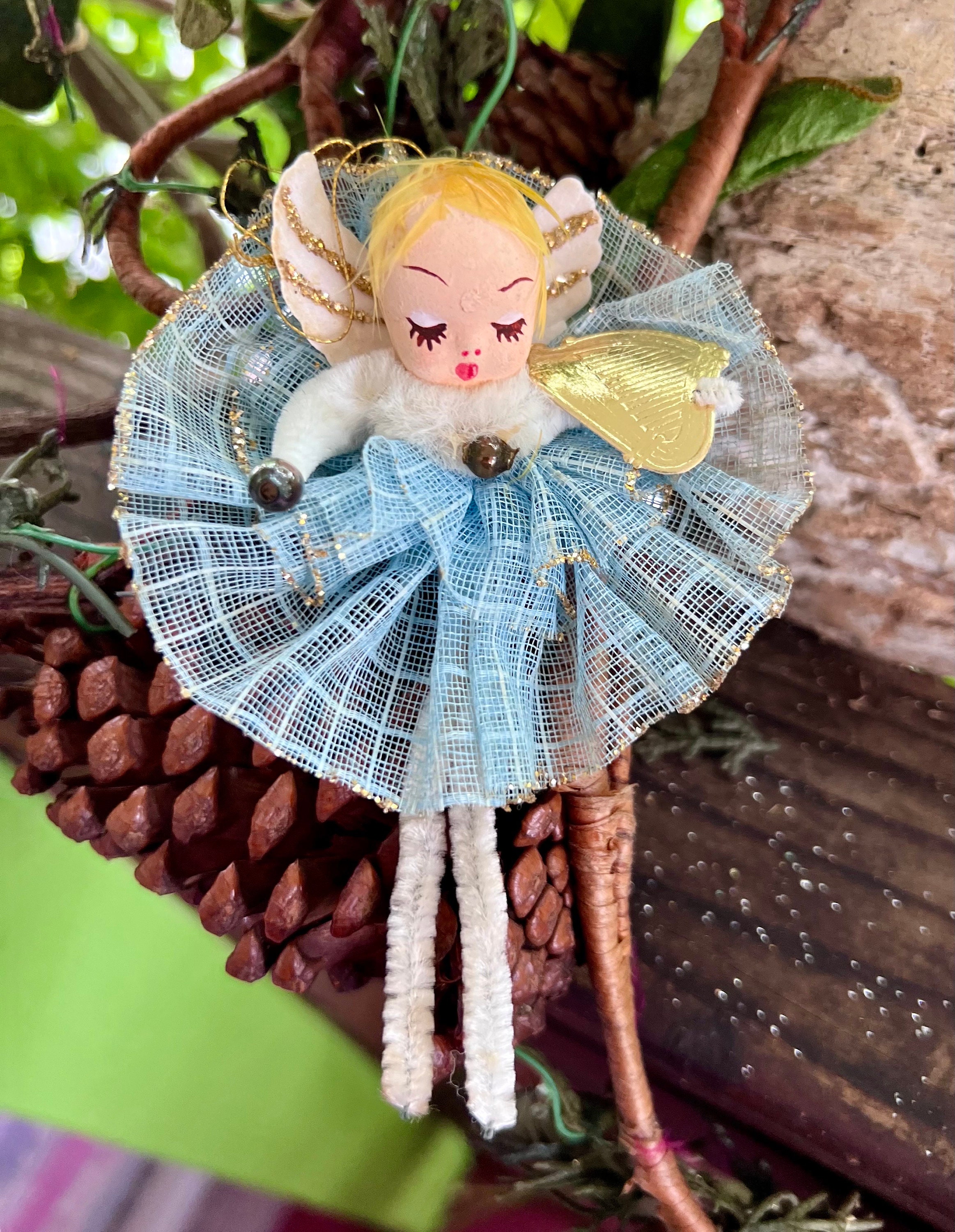 ぷちんエンジェルハープ 、花柄模様入り Vintage Blue Angel Ballerina Christmas Ornament Paper Mache