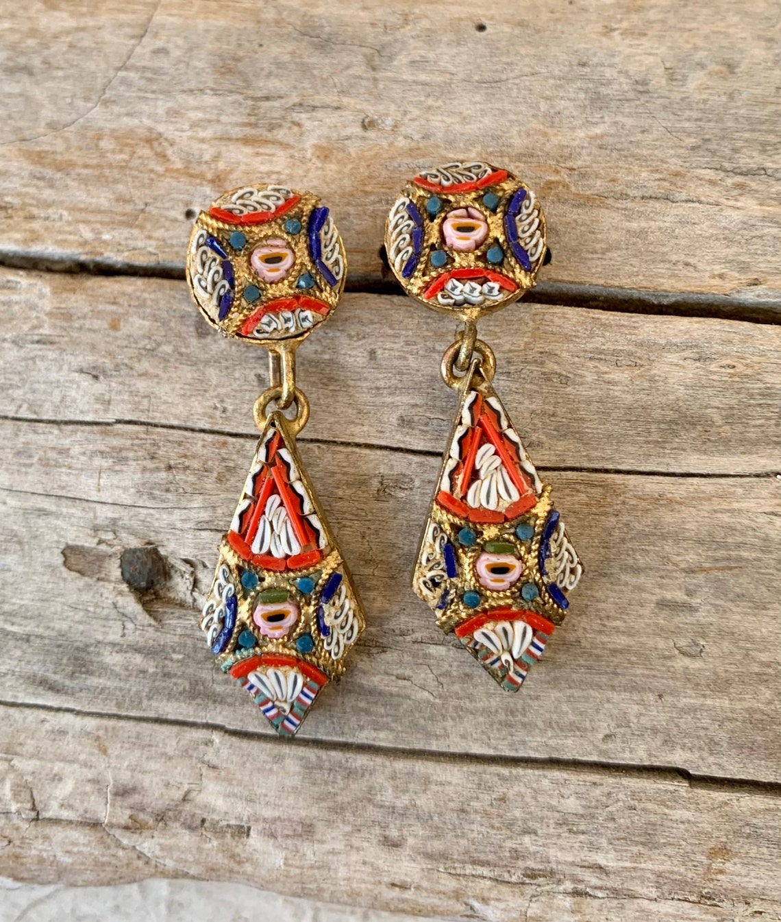 Micro Mosaic Earrings Vintage Teardrop Dangle Earrings Antique Etsy