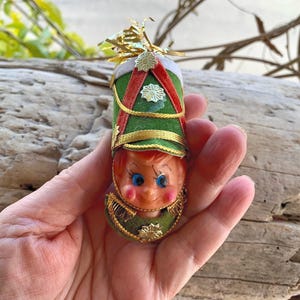 Vintage Blow Mold Pixie Drummer Christmas Ornament Flocked Nutcracker Toy Solider Drummer Ornament Plastic Japan Retro Kitsch 1950 1960