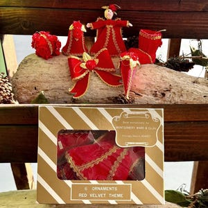 6 Vintage Red Flocked 1960 1970 Montgomery Ward Christmas Ornaments Angel Bow Rose Floral Ball Boot Retro Kitsch Valentine’s Day Decor NIOB