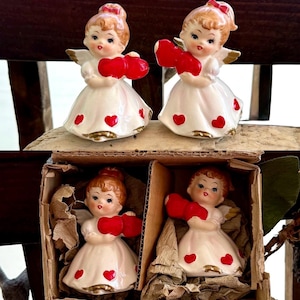 Vintage Lefton Valentine Angel Figurines: MCM Kitsch Decor Set of 2 (IOB)