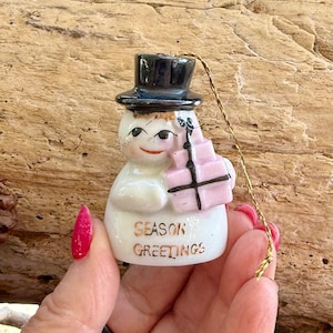 Vintage 1940 1950 Snowman Bell Christmas Ornament Mid Century Ceramic Snowman “Merry Christmas” Japan 2” retro Kitsch Decor