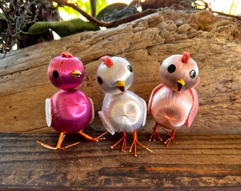 Vintage Chick Duckling Easter Ornament MCM 1940 1950 Duck Chick Pink White Satin Ball Retro Kitsch Easter Decor Set 3