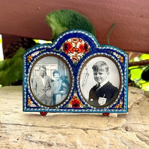 Vintage 1920 Micro Mosaic Double Frame Oval Italian Floral Stand Up Florence Venice Italy Vanity Dresser Photo Retro Decor Mother’s Day Gift