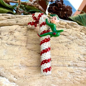 Vintage Candy Cane Elf Christmas Ornament MCM 1960 1970 Sequin Candy Cane Handmade Push Pin Pixie Candy Cane Retro Kitsch Holiday Decor