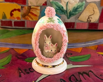 Vintage Irish Dresden Egg Easter Bunny Porcelain Egg Figurine Pink