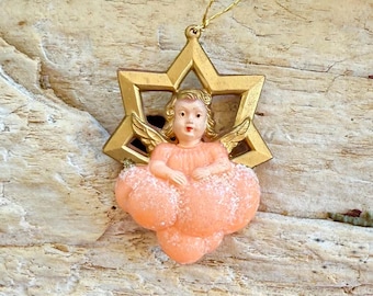 Vintage West Germany Angel Cloud Star Christmas Ornament 1940 1950 Mid Century Peach Mica Glitter Feather Tree Retro Kitsch Easter Decor