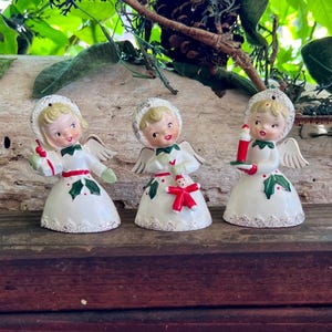 Vintage NAPCO Angel Bell Christmas Ornament 1950 1959 MCM Ceramic Angel Bell Doll Candle Gift Holly Japan Retro Kitsch Decor Set 3 RARE
