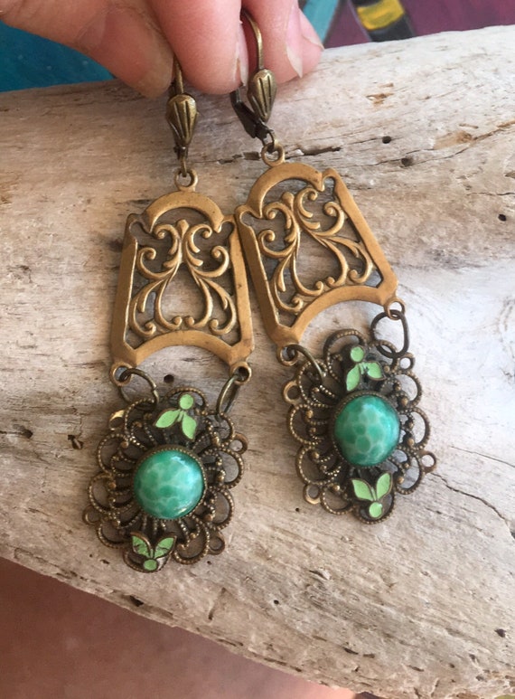 Vintage Czech Glass Earrings 1930 1940 Green Brida