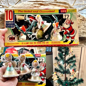 Vintage Angel Christmas String Lights Spun Cotton Angel Strand Lights 1960 1970 Angel Lights Set 10 IOB Retro Kitsch Valentine Decor