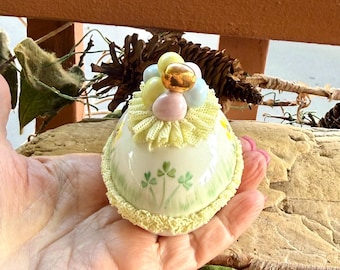 Vintage Irish Dresden Egg Easter Bunny Porcelain Egg Figurine Pink