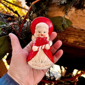 Vintage 1950 Angel Candy Cane Christmas Bell Ornament MCM Angel Fine A Quality Bell Retro Kitsch Ceramic 4 1/4” Angel Japan Holiday Decor