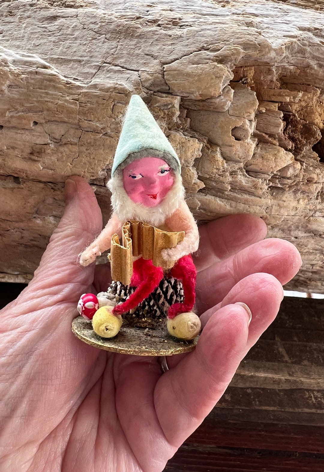 Vintage Elf Pixie Gnome Pinecone Christmas Ornament 1930 1940 Clay Elf