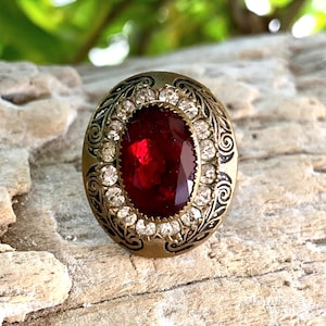 Vintage Red Czech Glass Ring Victorian Brass Scroll Ring Bride Bridal Statement Ring Groom Groomsmen Wedding Romantic Christmas Gift Her