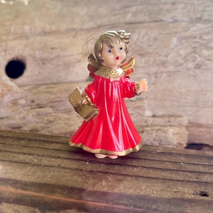 Vintage West Germany Angel Christmas Ornament MCM 1940 1950 Choir Plastic Red Angel Mid Century Feather Tree Valentine Easter Decor