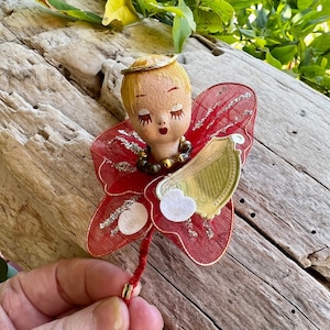 Vintage Paper Mache Tulle Angel Christmas Ornament Composite Angel Pipe Cleaner 1960 MCM Feather Tree Retro Kitsch Decor Easter
