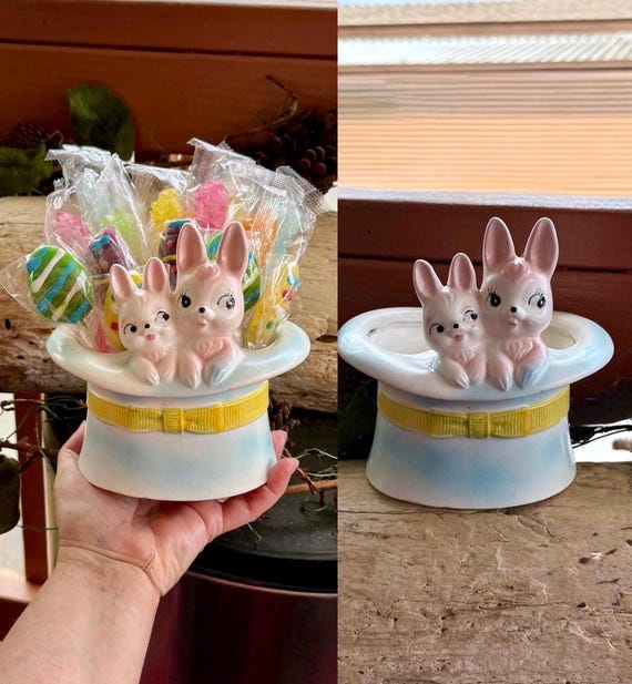 Vintage Pink Mama Baby Bunny Hat Planter MCM 1950 1960