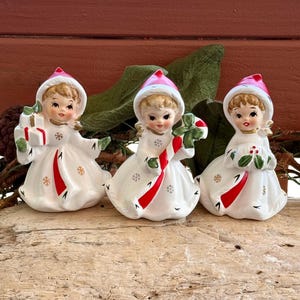 Vintage NAPCO Angel Figurine 1950 MCM Trio Ceramic Christmas Candy Cane Tree Bell Victorian Angel Girl Japan Retro Kitsch XMas Decor Set 3