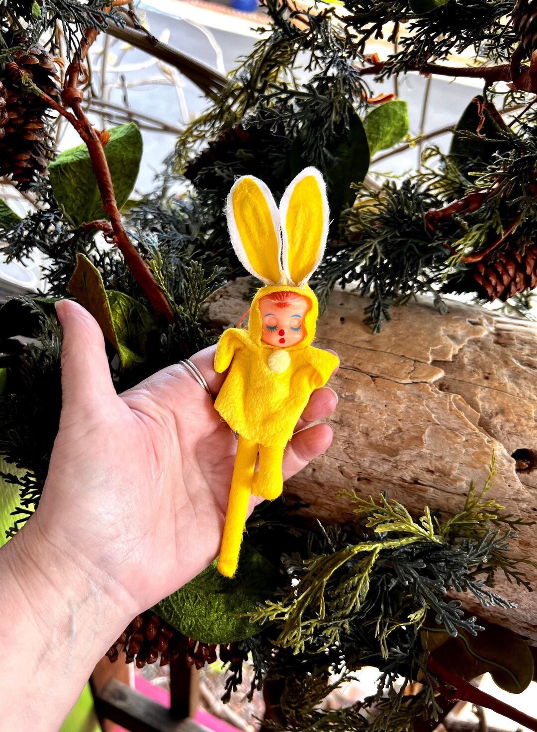 Vintage NAPCO Knee Hugger Bunny Elf Pixie Plastic Easter Ornament 1950
