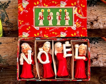 Vintage NOEL Candle Holder Red Choir Angel Christmas 4 1/2” Relco 1950 Retro Choir Angels Christmas Kitsch Decor Decoration Set 4 IOB