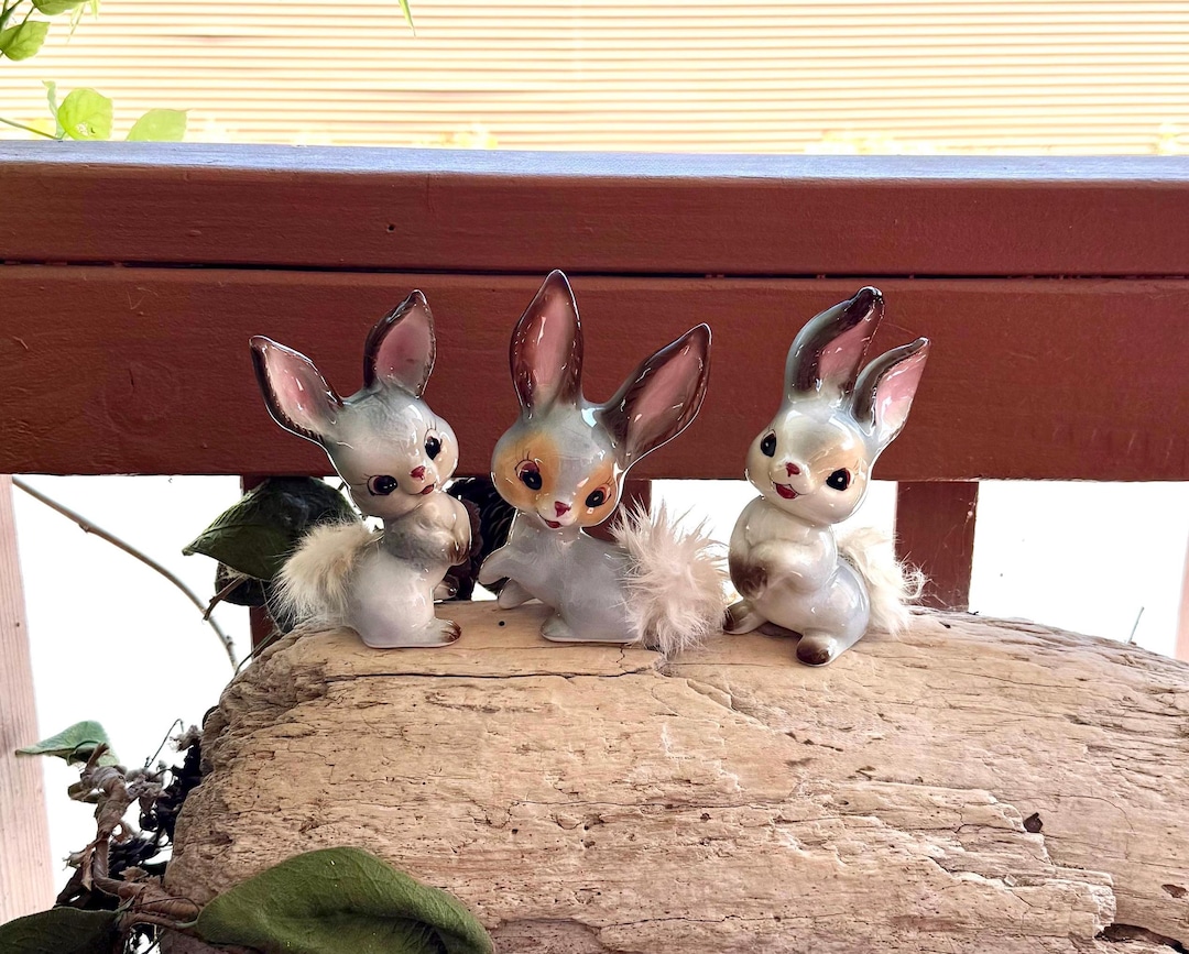 Kitsch Shiny Rabbit Vintage Anthropomorphic Blue Pink Fur Bunny Rabbit Figurine 1950 MCM ...