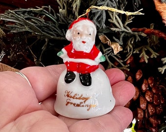 Vintage Santa Christmas Ornament Retro “Season’s Greeting” Santa Bell Ornament 1940 1950 Santa Japan MCM Ceramic Santa Bell Retro Kitsch