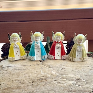 Vintage 1950 Christmas Flocked Angel Figurine Ceramic Choir Angel Songbook Harp Cross Praying Japan Retro Kitsch Decor Set 4 IOB