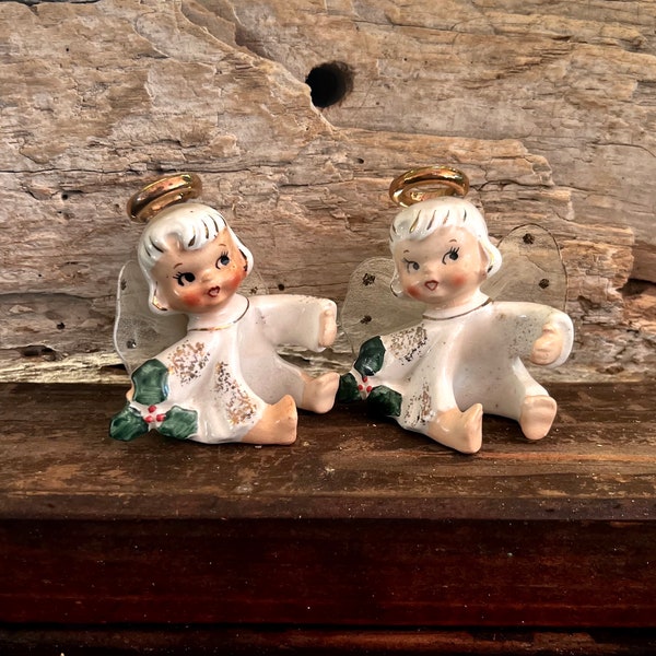 Vintage LEFTON Angel Candle Climber Hugger MCM 1950 Ceramic NOEL Angel Christmas Tulle Winged Angel  Candle Hugger Retro Kitsch Decor Set 2