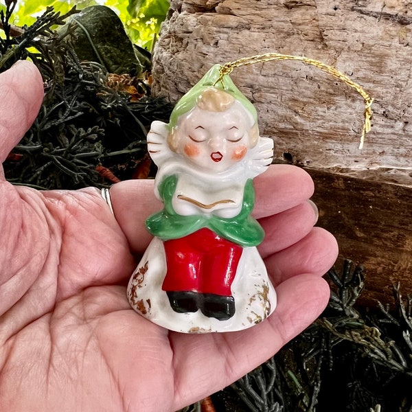 Vintage Christmas Bell Ornament 1940 1950 MCM Choir Angel Retro Kitsch Ceramic Xmas Angel Songbook Bell Japan 2 5/8” Winter Holiday Decor