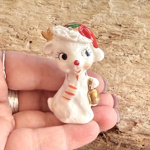 Vintage NAPCO Christmas Reindeer Figurine MCM 1960 1970 Anthropomorphic “Dasher” Candy Cane Scarf Bone China Japan Retro Kitsch Decor