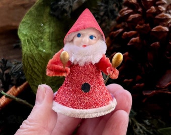 Vintage Pixie Gnome Christmas Ornament MCM 1950 1960 Retro Kitsch Flocked Pixie Gnome Gold Maraca Pipe Cleaner Retro Kitsch Decor