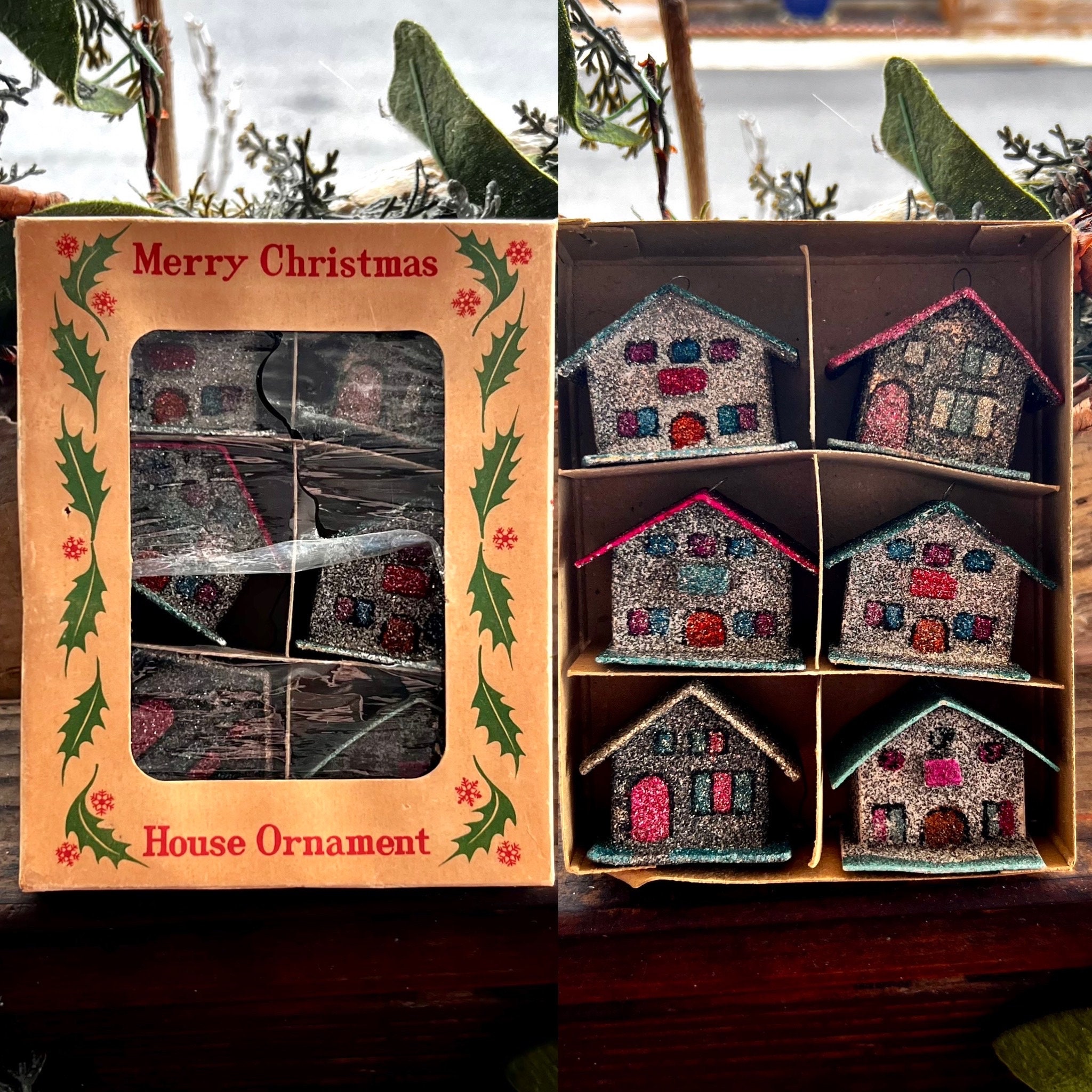 Decorazione natalizia vintage Putz Mica Glitter House Ornament Putz Diorama House Church 1940 1950 MCM Christmas Village Retro Kitsch Decor Set 6 IOB