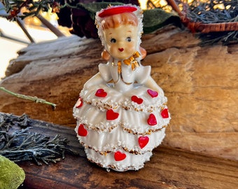 Vintage Heart Girl Bell 1950 Retro Kitsch MCM Bell LEFTON? NAPCO? February Bell Spaghetti Trim Bonnet Girl Bell Valentine’s Day Decor