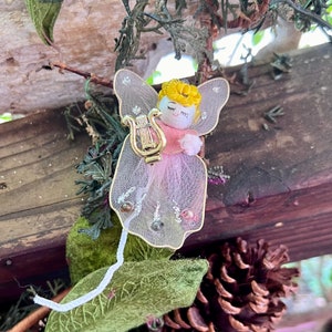 Vintage Pink Tulle Easter Angel Christmas Ornament MCM 1950 1960 Angel Package Tie On Musical Angel Harp Retro Kitsch Valentine NOS MINT