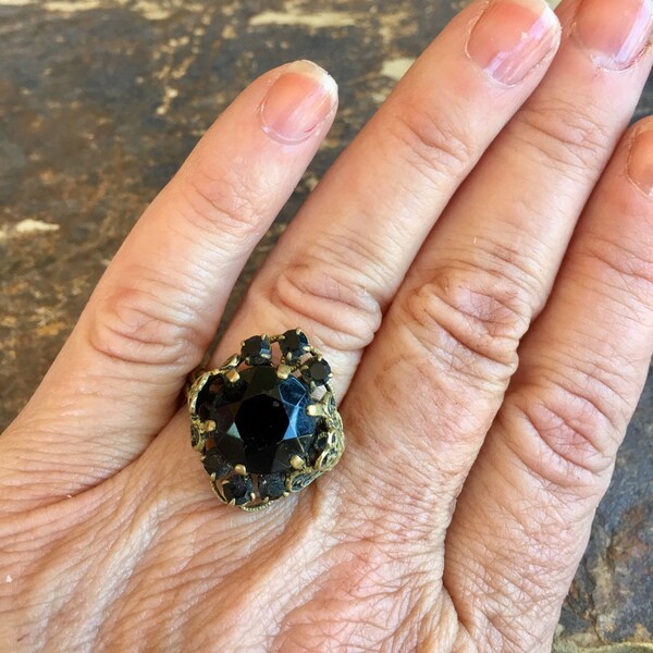 Black Czech Reign Bridal Ring Jewelry Vintage Ring West Germany 1930 1940 Cocktail Statement Renaissance Wedding