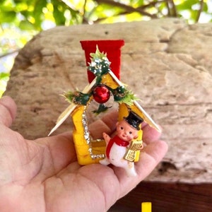 Vintage 1960 1970 Snowman  Christmas Ornament MCM Flocked Diorama Plastic Snowman House Retro Kitsch Holiday Decor