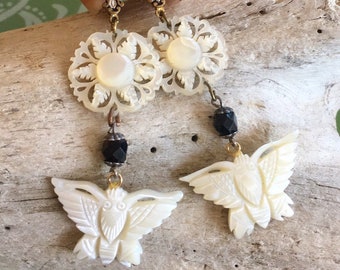 Vintage MOP Butterfly Earrings Earrings Carved Mother Pearl Butterfly Star Earrings 1930 1940 Bride Bridal Earrings  Wedding Boho Bohemian