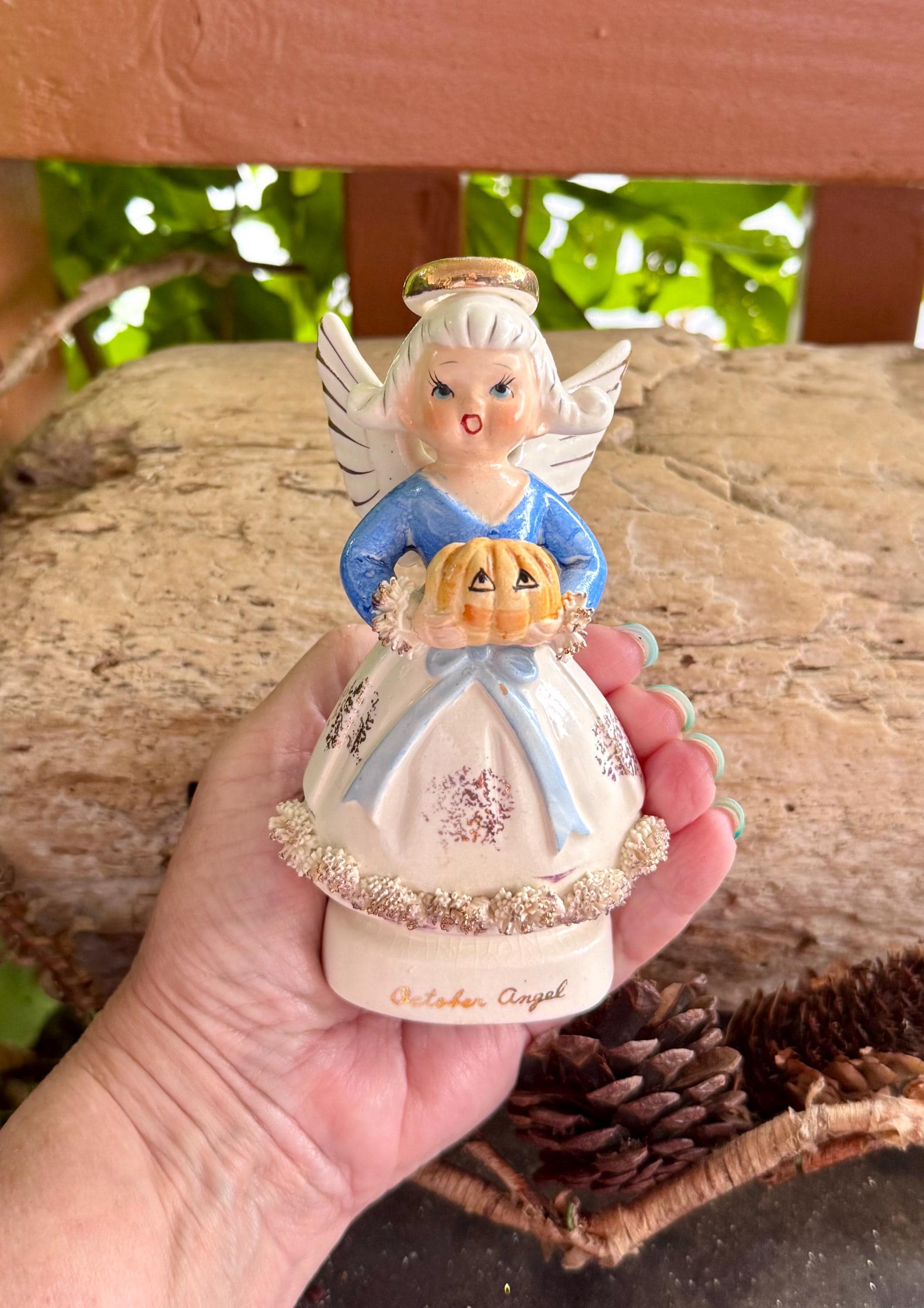Vintage NAPCO October Birthday Angel Pumpkin Jack O Lantern